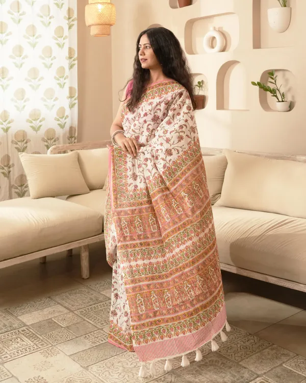 White_Cotton_Jaal_Block_Print_Mul_Saree_With_Tassels_For_Women